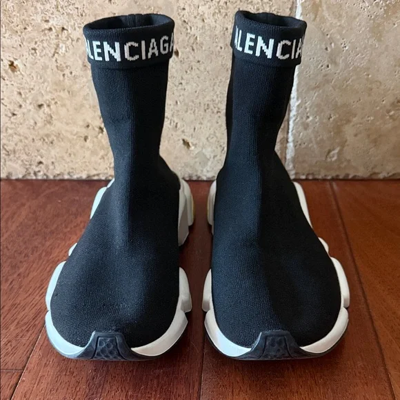 Balenciaga Black and White Sock Sneakers with Yellow Detail - Picture 2 of 8